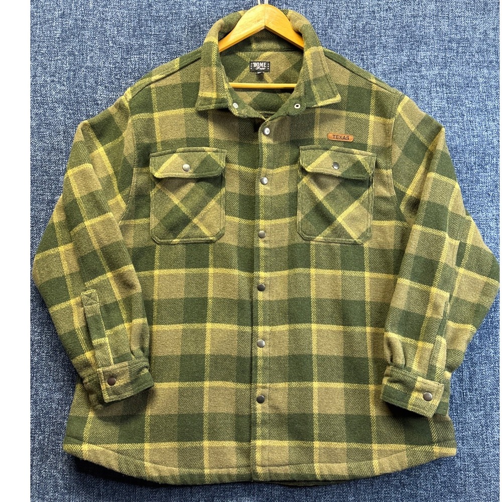 Home Free Shirt Jacket Mens 2XL Green Plaid Poly Wool Blend Snap Front Texas